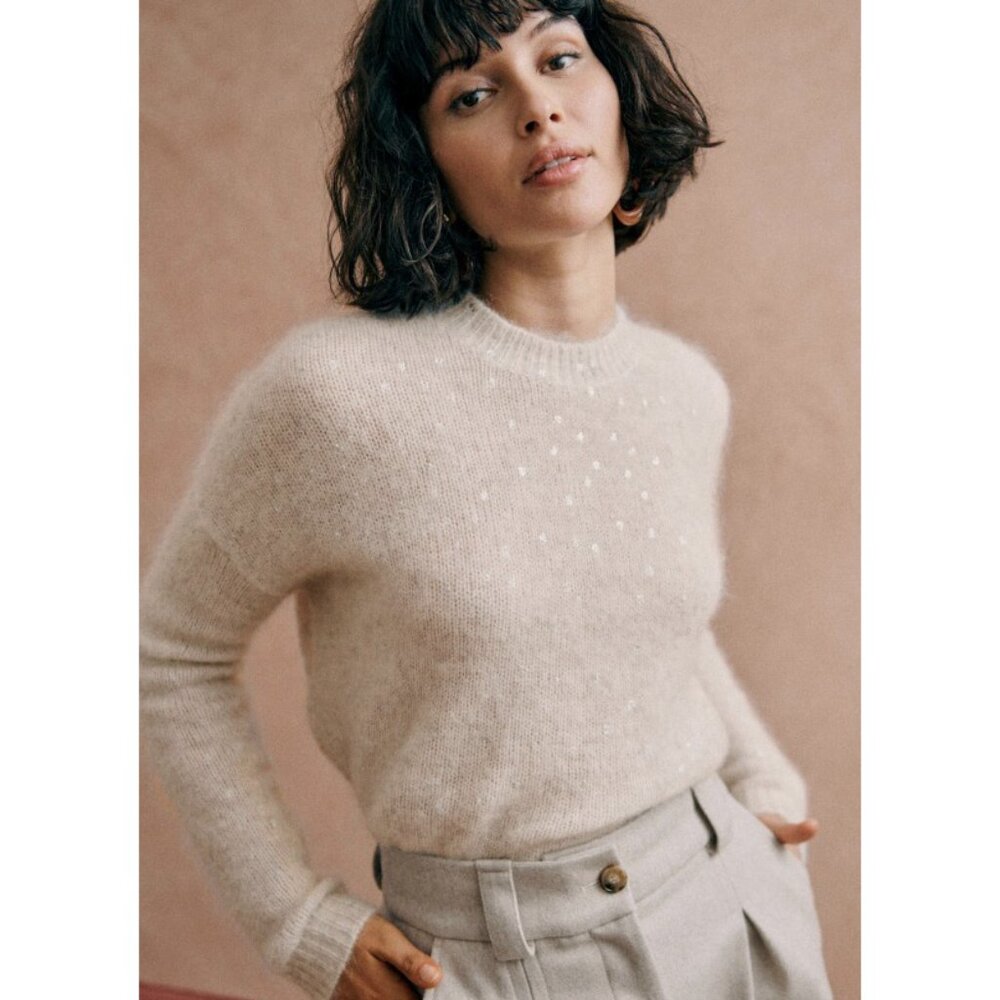 Sézane Ludivine Cream Crewneck Sweater with Silver Polka Dots